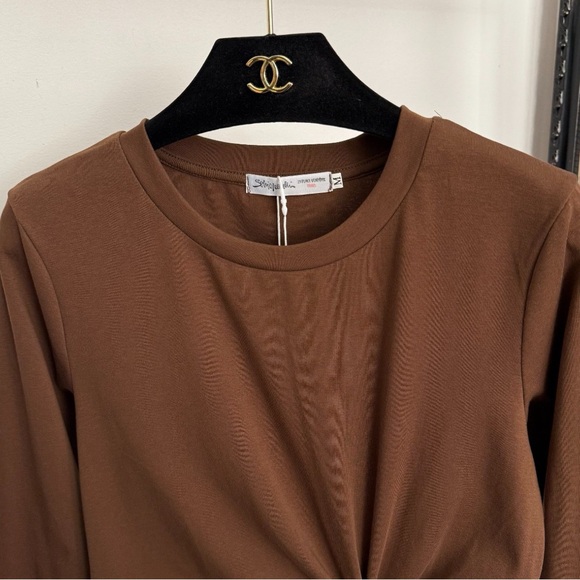 Brown Long-Sleeve Twist-Front Top with Gold Keyhole Accent - Picture 6 of 6